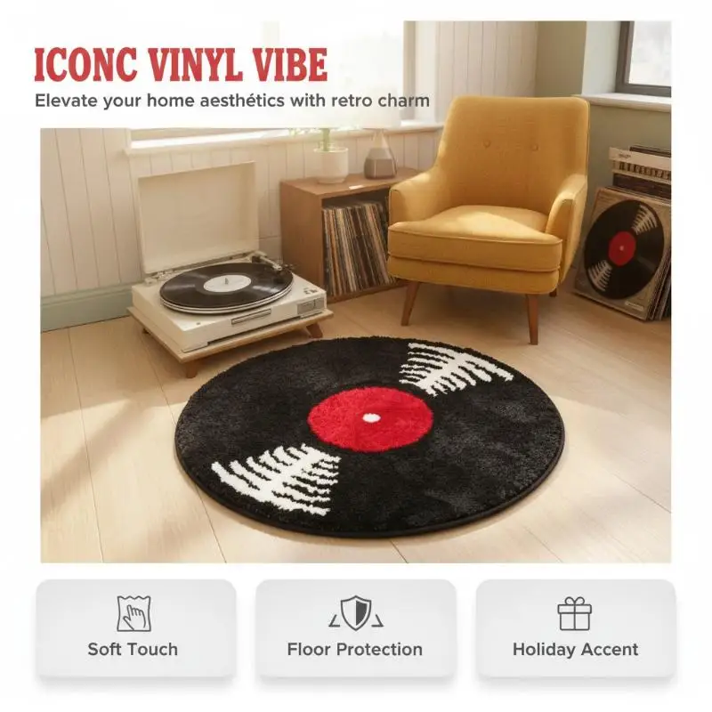 Vintage Vinyl Record Semicircle Doormat Music-Themed Non-Slip Absorbent Entryway Mat Washable Bathroom Rug Home Decor