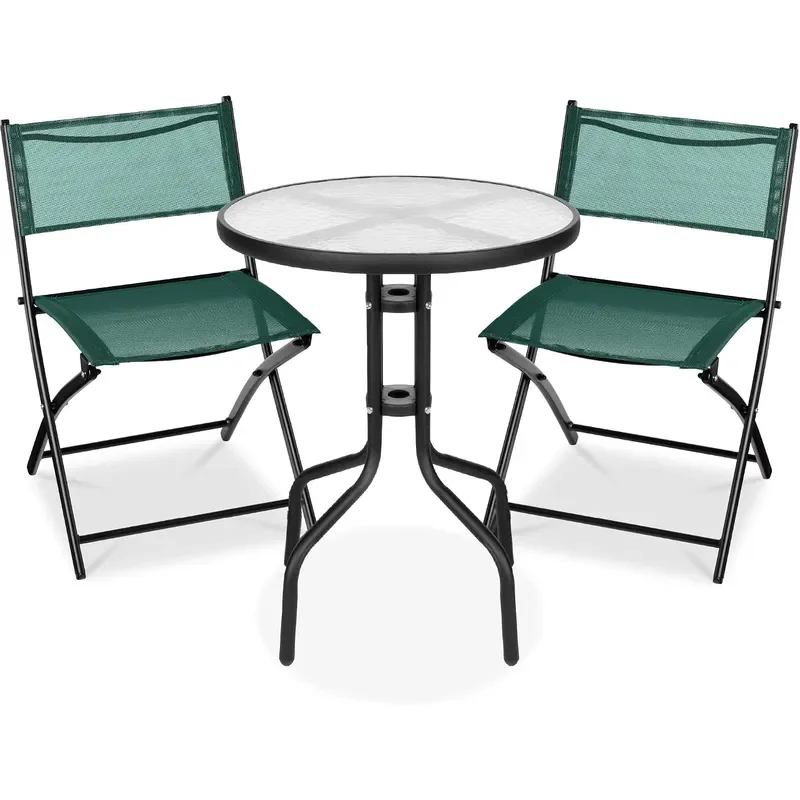 3-Piece Patio Bistro Dining Furniture Set w Textured Glass Tabletop 2 Steel Folding Chairs Polyester Fabric Dark Green