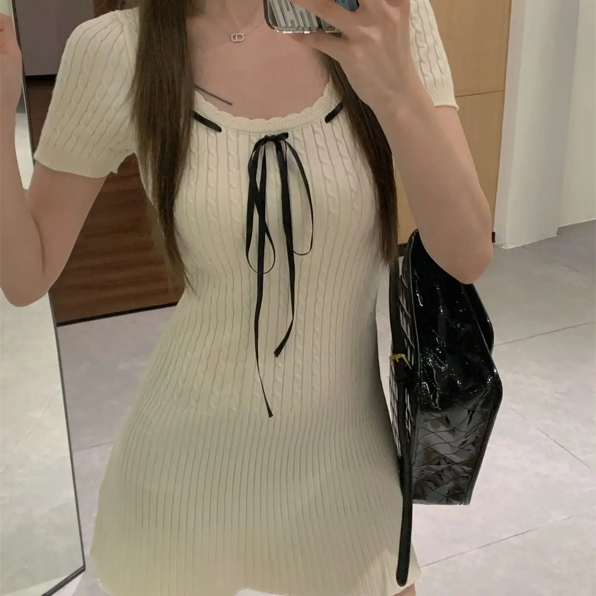 Korea Gentle Girl Style O-neck Women's Knitted Dress Bow Knot Short Sleeved Top Show Slim Figure Youth Elegant