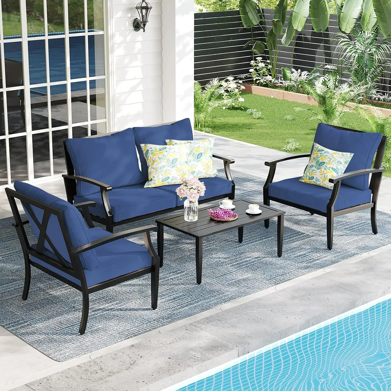 4-Piece Patio Metal Sofa Set High Back Loveseat Coffee Table All Weather Backyard Poolside Deck Navy, Customized