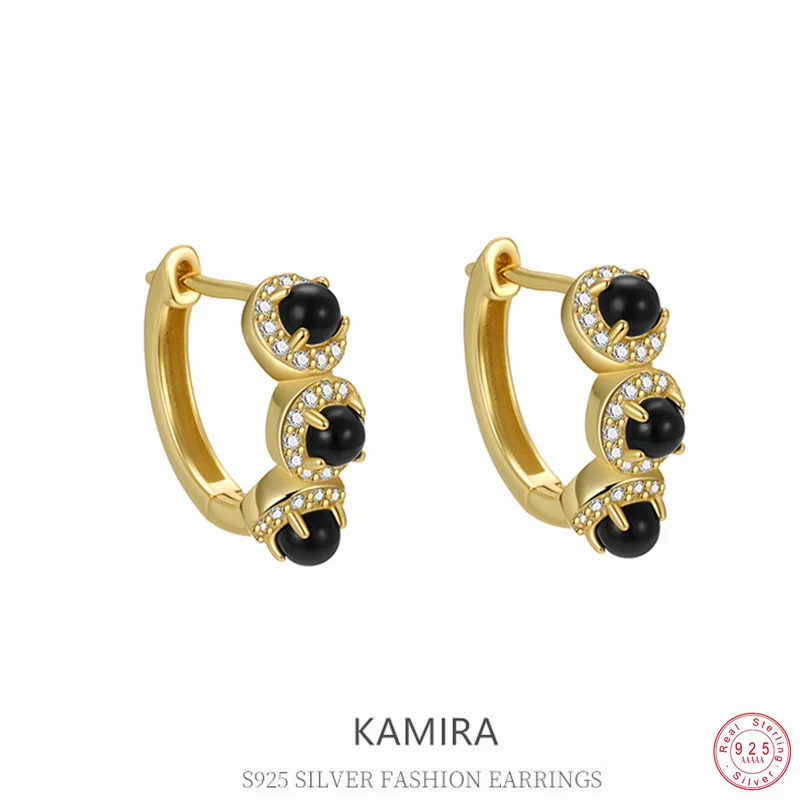 

KAMIRA стерлингового серебра 925 пробы, французские роскошные черные круглые серьги-кольца с цирконом для пирсинга для женщин, темпераментные ретро изысканные ювелирные изделия