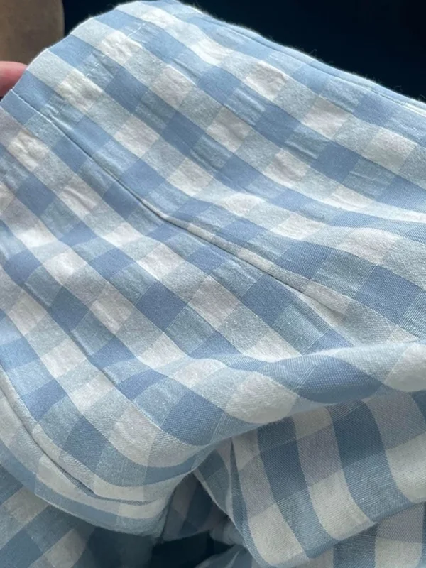 Pantaloni larghi a gamba larga da donna scozzesi bianchi blu casual estivi di piccole dimensioni a vita alta pantaloni casual a nove punti per donna