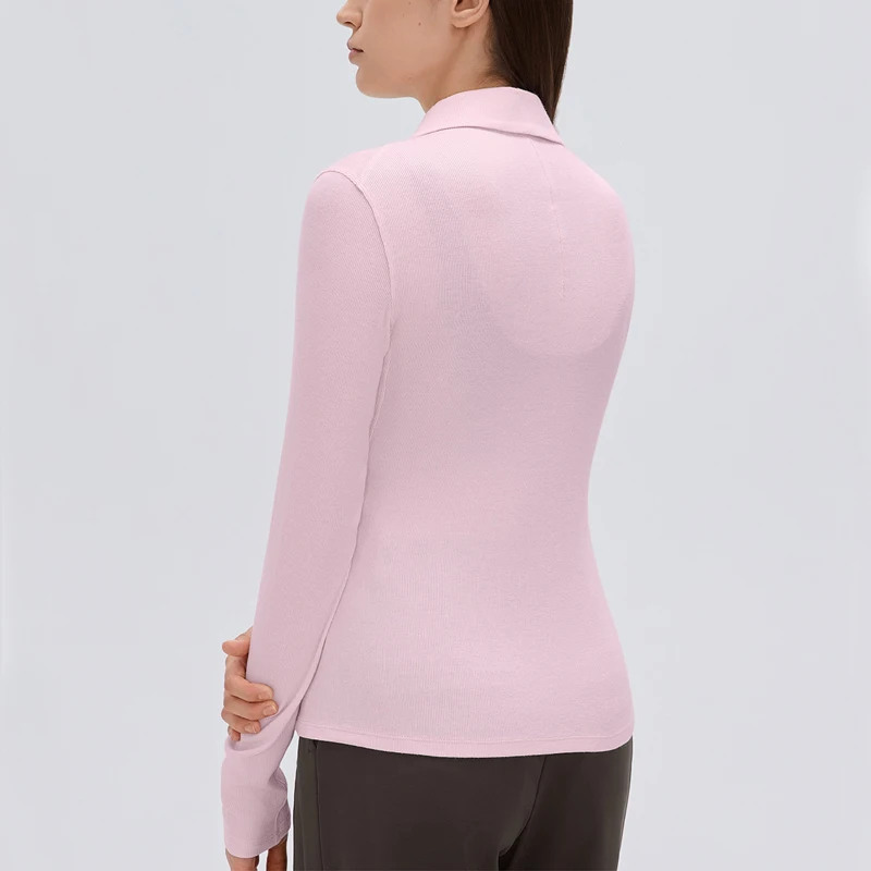 Women Long Sleeve Yoga Shirt Solid Color Lapel Collar Casual Sports Shirt Soft Breathable Workout Top Female Sportswear