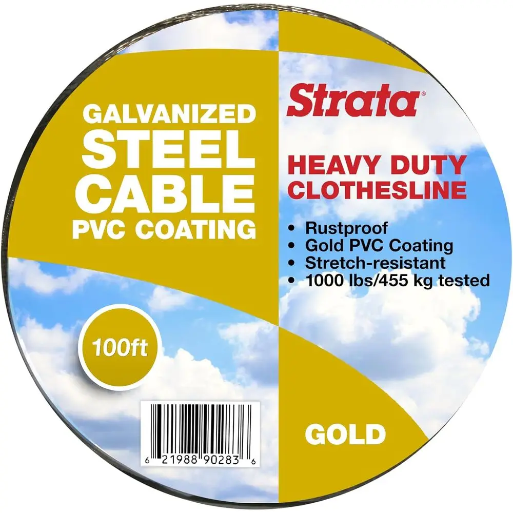 Durable Outdoor Clothesline for Heavy Duty Drying - 100ft Rustproof, Stretch-Resistant with Gold PVC Coating, Supports 455KG Loa