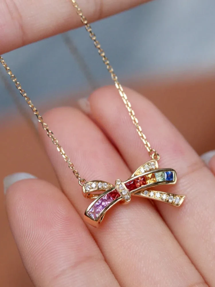 

S925 Sterling Silver Women's Necklace Color Zirconia Bow Pendant Necklace Jewellery for Women Daily Wear Holiday Party Gifts