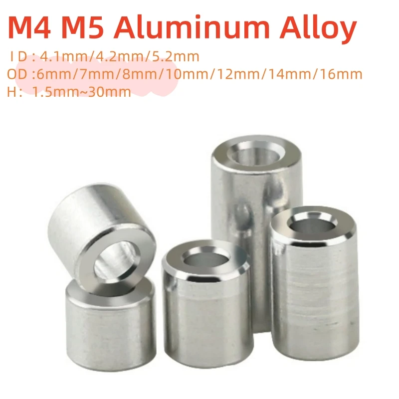 10pcs M4 M5 Aluminum Alloy Flat Washer Gasket Aluminum Bushing Gasket No Thread Standoff Spacer ID 4.1mm/4.2mm/5.2mm OD6mm~16mm