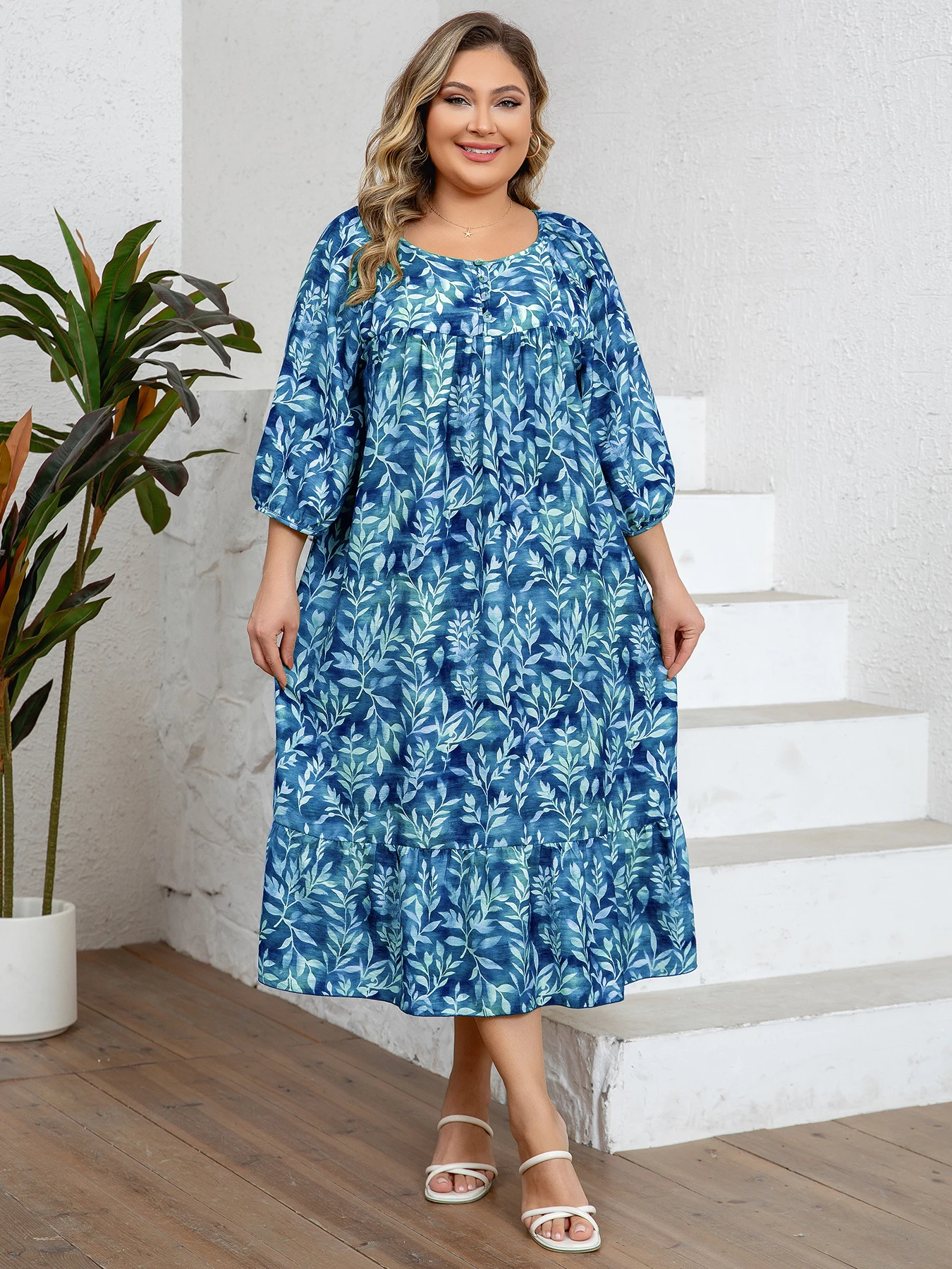 Plus Size Women's Retro  Leaf Print Crew Neck Half Sleeve Ruffled Hem Dress