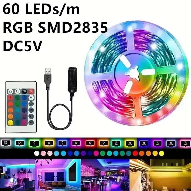 2835 5V Taśma LED RGB 60 diod LED Elastyczna taśma wstążkowa 24-klawiszowy pilot zdalnego sterowania do dekoracji imprez Podświetlenie komputera