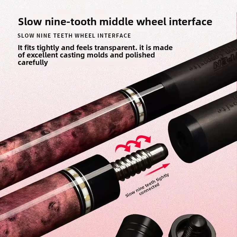Taco de nueve bolas YF-M19 de fibra de carbono rosa, cabeza grande y pequeña con funda de arce para niñas, para billar y billar