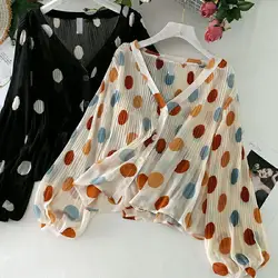 2024 Summer New Super Fairy V-neck Bubble Lantern Sleeve Chiffon Shirt Women's Pleated Dot Sunscreen Shirt Top Women