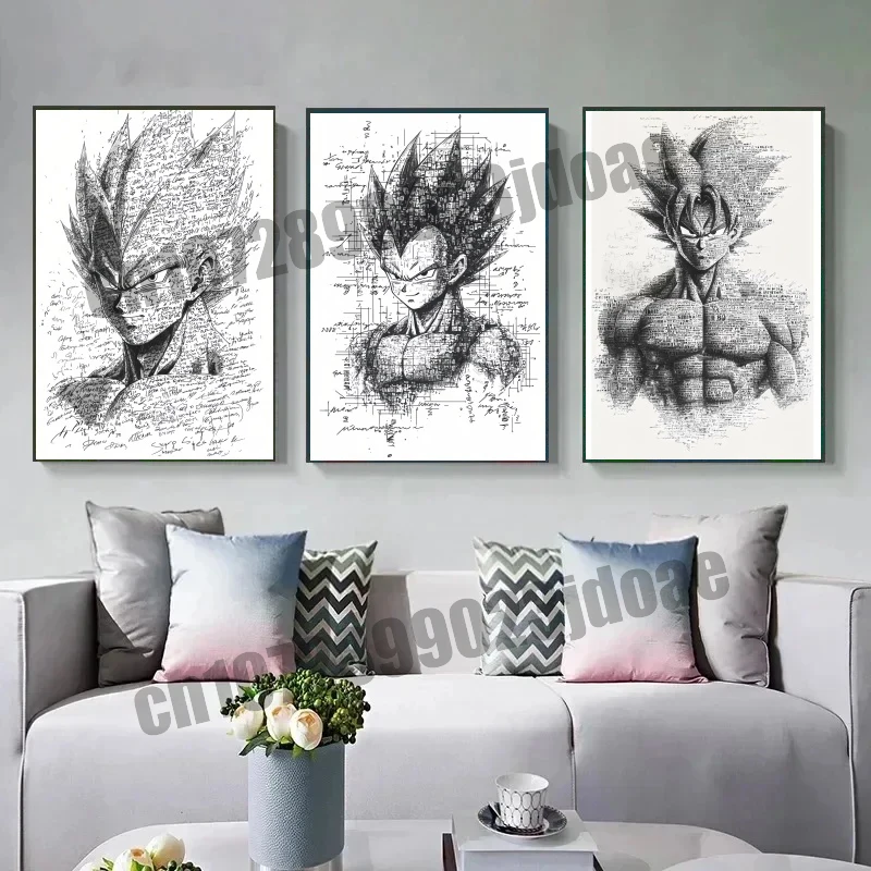 Anime Dragon Ball Goku Vegeta Super Saiyan Hitam dan Putih Gaya Sketsa Cat Air Kanvas Gambar Garis Poster Hadiah Terbaik