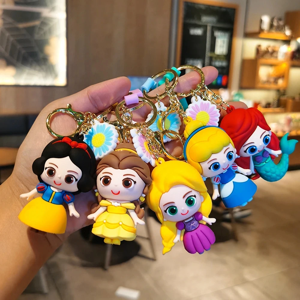 Disney Anime Ariel Princess Snow White Keychiain Girls Toys Cartoon Cinderella Belle Pendant Keychain Children Birthday Gifts