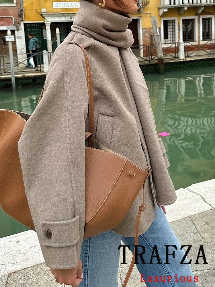 TRAFZA Vintage Chic Solid Thick Women Coat Single Breasted Scarf Warm Coats New Fashion 2024 Autumn Winter Female Outwears