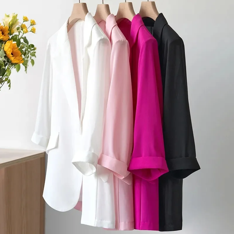 Women Solid Blazers Coat Fashion Slim Suits Female Casual Three-Quarter Sleeve Chic Tops Thin Office Lady Blazer Spring Summer