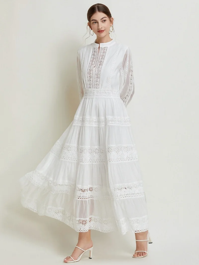 Elegant Lace Spliced Boho Dress Spring Clothing Women 2026 Lantern Sleeve Maxi Long Dresses Holiday Evening Party Dress Vestidos
