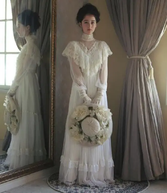 Victorian Wedding Dress Women Vintage Lace White Long Mesh Franch Style