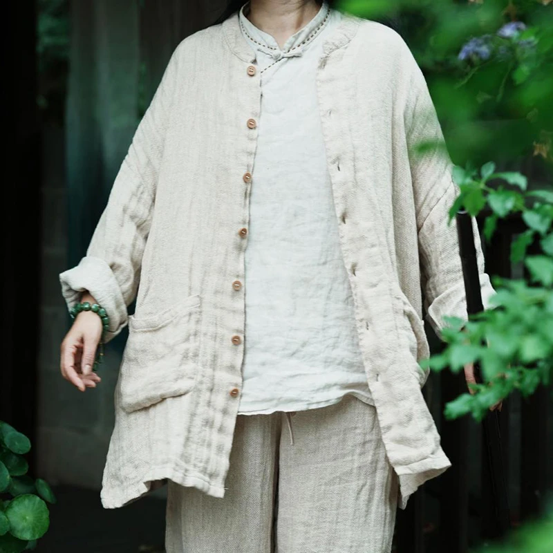 100% Linen Women Shirt Jacket New Arrival 2026 Autumn Chinese Style Mandarin Collar Loose Mid-length Textured Casual Coats M3045