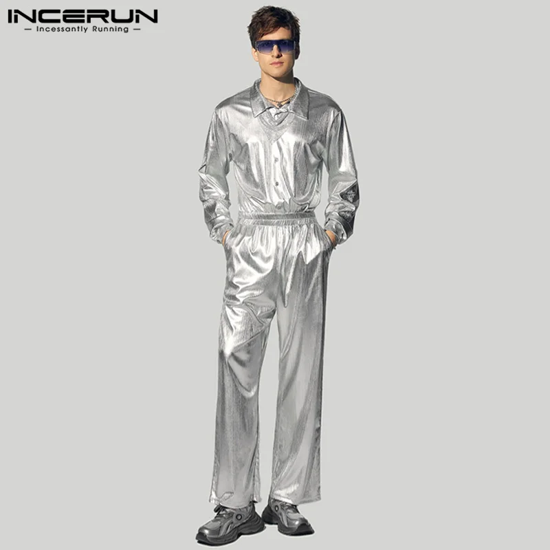 INCERUN American Style Fashion Jumpsuit Men's Clubwear Hot Sale Sparkling Fabric Jumpsuits Casual Streetwear Personality Rompers