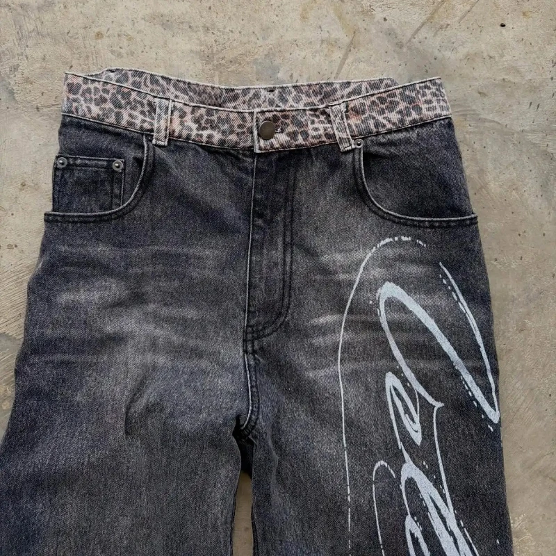 Y2K new printed jeans retro low-waist hip-hop leopard print open-toe ripped wide-leg pants for men and women