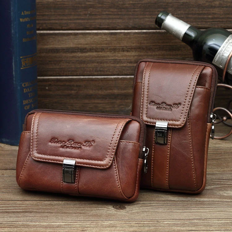 

Oil Wax Men Genuine Leather Waist Pack Bag Pocket Purse Zipper Wallet Hook Fanny Belt Money Cell/Mobile Phone Cigarette