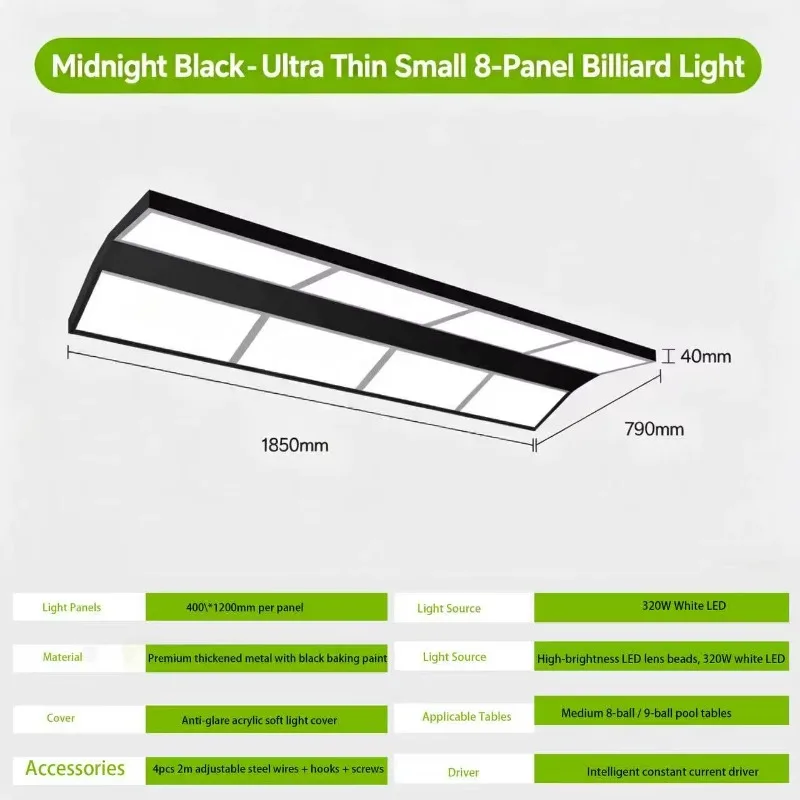 Ultra Thin 8-Panel LED Billiard Light 320W Anti-Glare Acrylic Pool Table Pendant Light for 8 Ball 9 Ball Pool Table