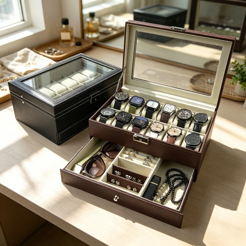 12‑slots-double‑layer-pu-leather-lockable-watch-display-box-watch-storage-organizer-case-for-men-women-jewelry-collection