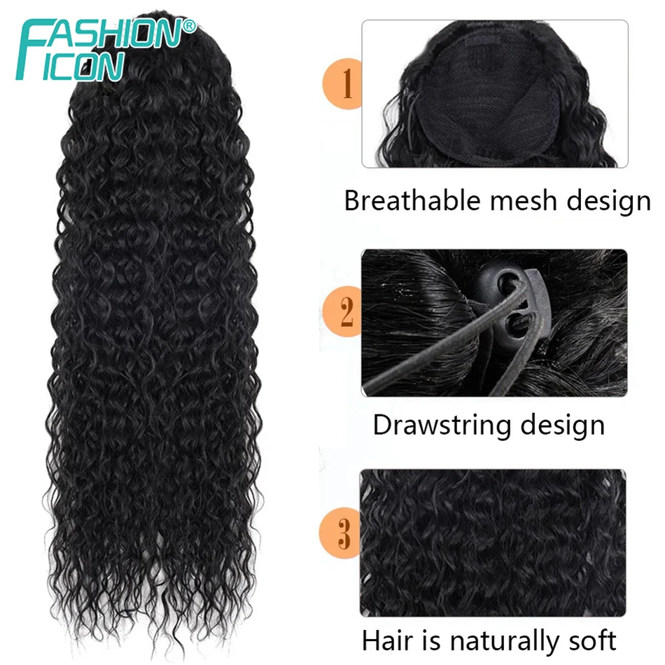 Longo Kinky Curly Synthetic Ponytail, Drawstring Extensão Do Cabelo, Onda de Água Rabo De Cavalo, Clip-On, 30"