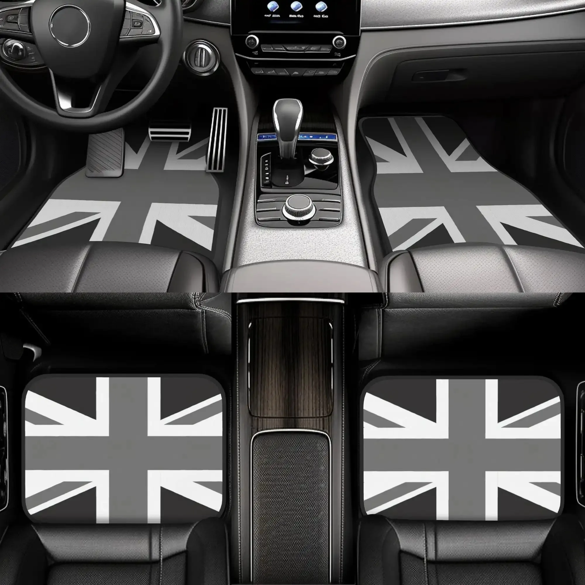4pcs UK Union Jack Flag Car Floor Mats- Black& White Design, Durable, Ideal Halloween/Christmas Gift
