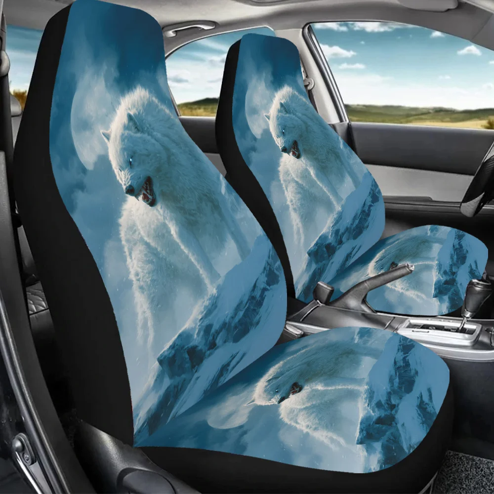 2pcs Snow Wolf Roar Car Seat Covers - Fit For Cars, SUVs & Sedans, Durable Canvas With Sponge Padding, Blue & White Wolf Design,