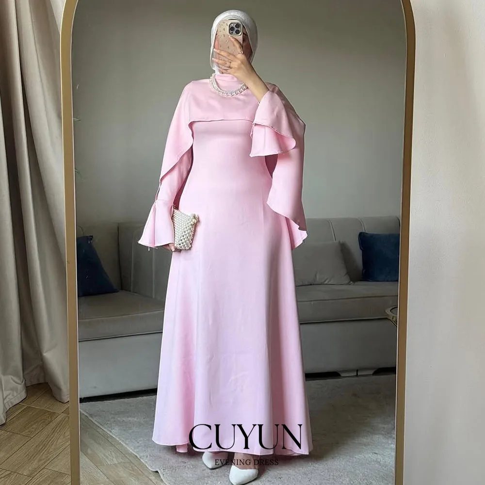 

CUYUN Pink Saudi Muslim Long Prom Dresses Ankle-Length Long Sleeves Simple Party Gown Customized Banquet Dinner Gown 2026