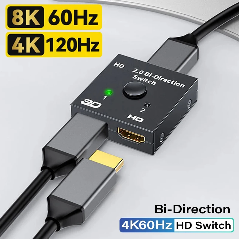 HDMI 2.0 Switch 2 In 1 Out Video Splitter for Laptops PC Xbox PS3/4/5 TV Box to Monitor TV Projector Adapter 1x2 or 2x1 2 Ports