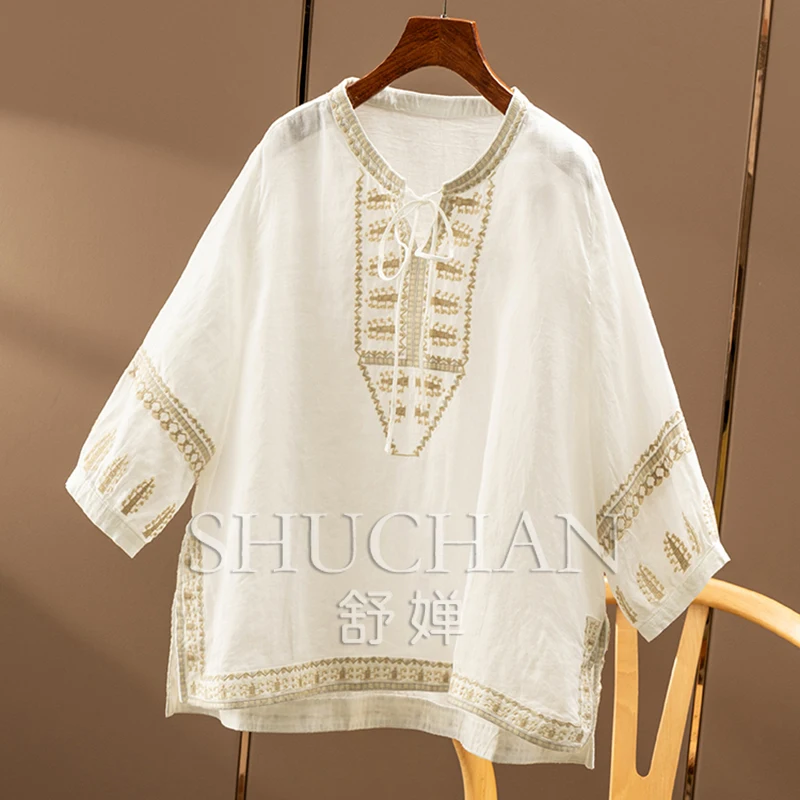 100% Ramie, French  Retro Ethnic Style Embroidery Loose Round Neck Seven-quarter Sleeve Shirt and Blouse Women
