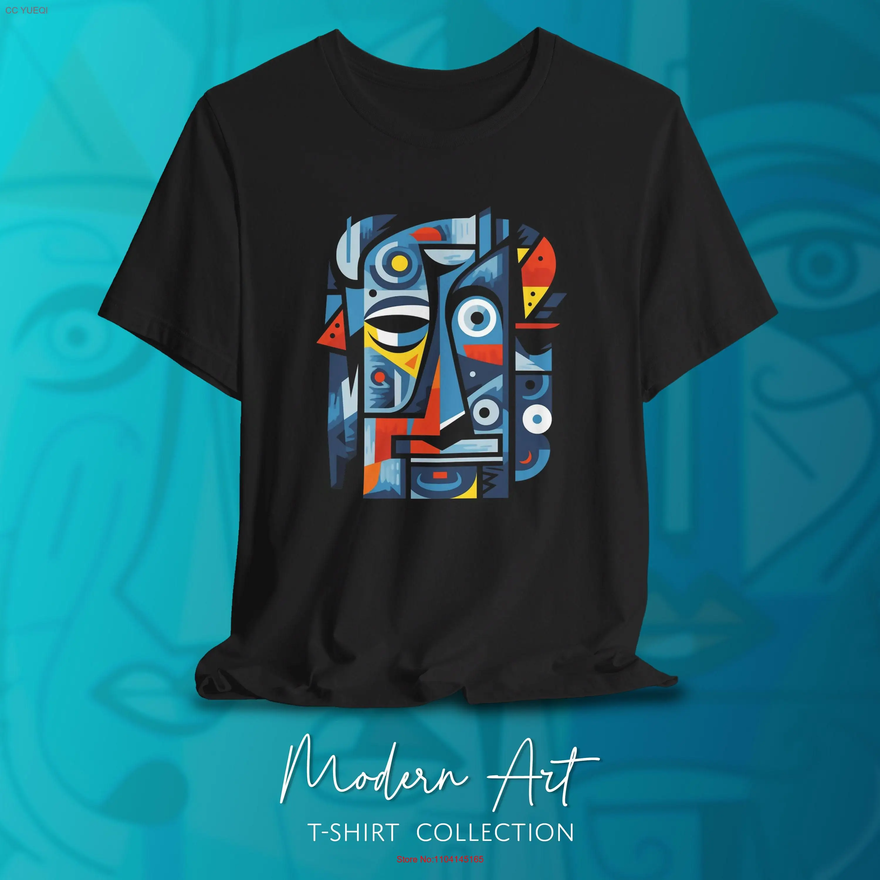 Blue Abstract Portrait Art t shirt Cubist Modern long or short sleeves