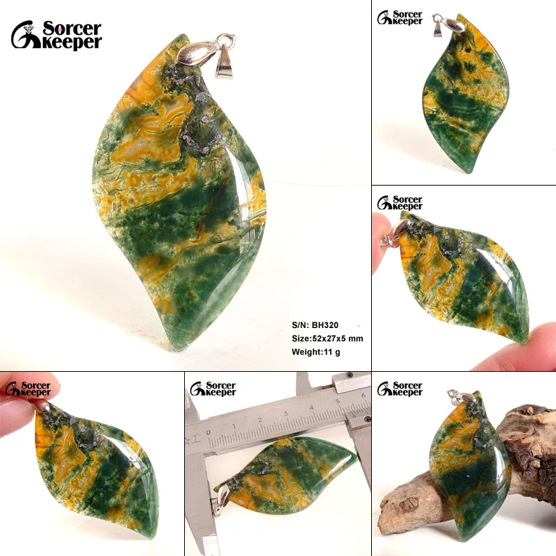 SorcerKeeper Women Men Fashion Jewelry Natural Dendritic Moss Agates Stone Leaf Pendant Necklace Gift For Jewelry Making BH145H