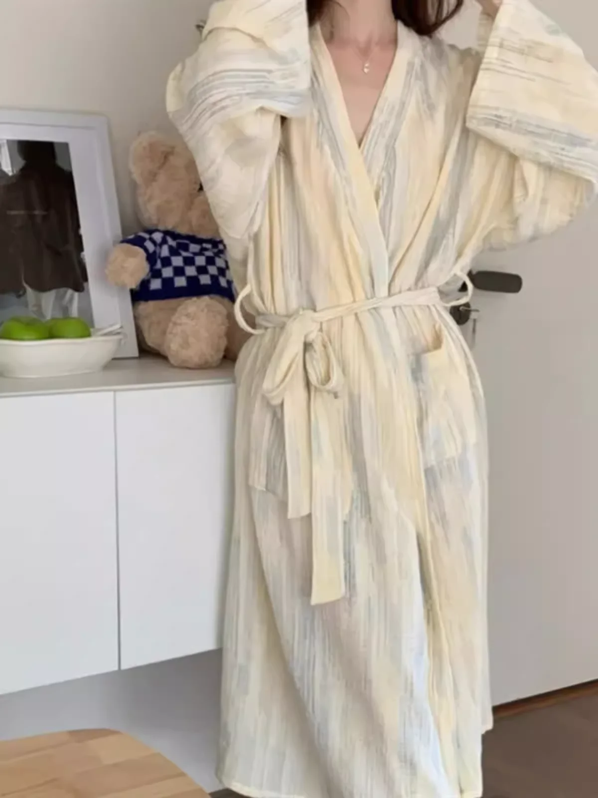

Casual Cotton Linen Spwear Women's Loose Long Robe Breathable Gauze V-ne Print Home Leisure Spring Autumn New Sle