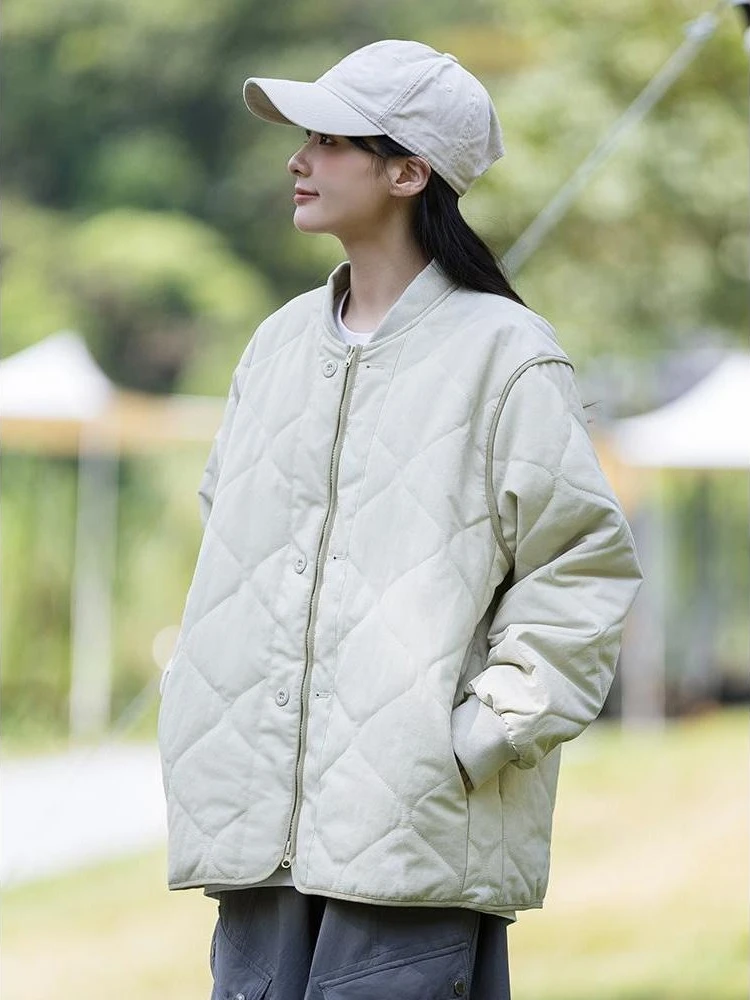 

Зимняя свободная посадка 2025, простая хлопковая стеганая куртка с ромбовидным узором, легкое пуховое хлопковое пальто в японском стиле ретро