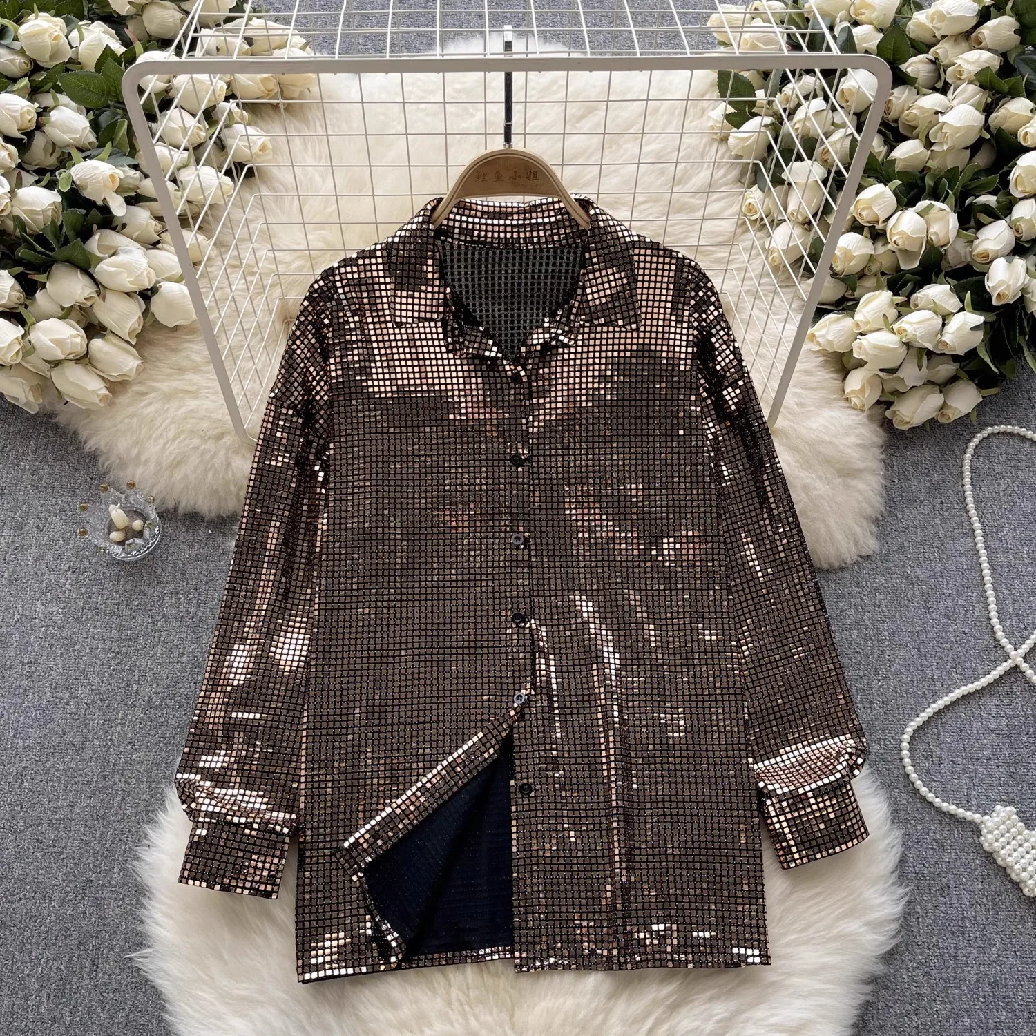 Long sleeve Plaid Sequined Shirt New Autumn Women's Fashion Turn-Down Collar Single-Breasted White Black Long Blouses Loose Tops