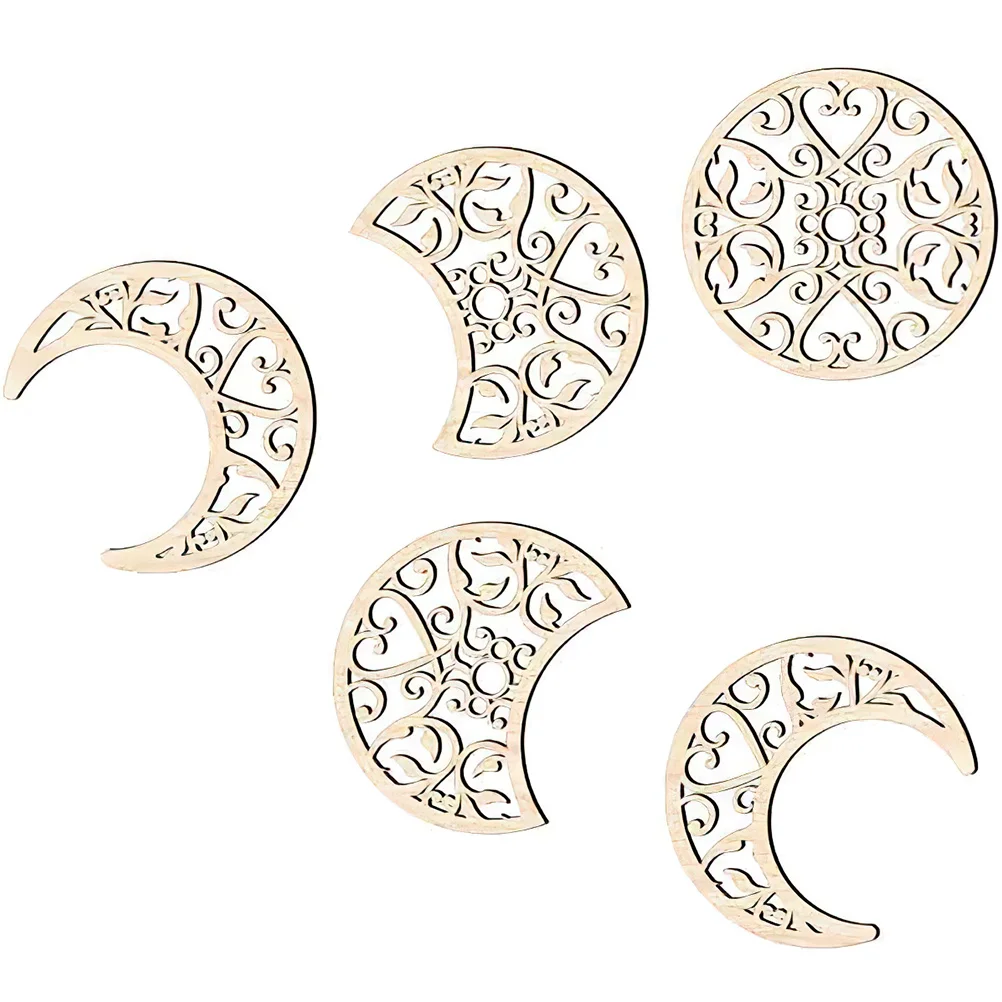 5 Pcs Moon Phase Wood Chip Decoration Boho Wall Stickers Wooden Ornament Household Nordic