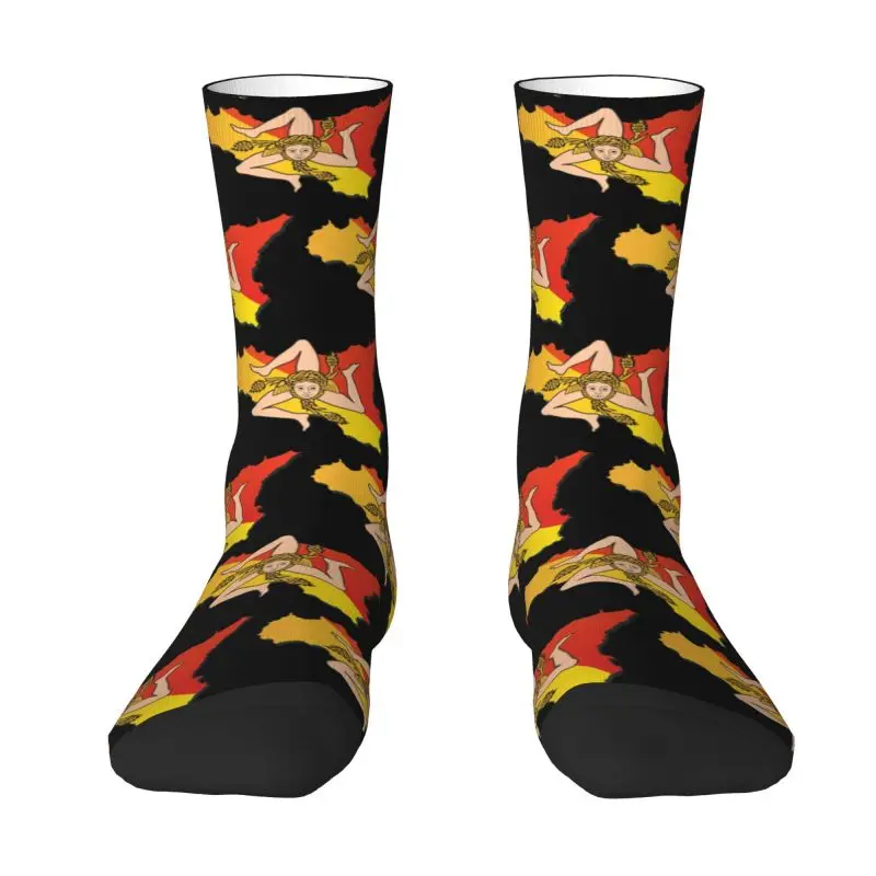 Kawaii Mens Sicily Sicilia Flag Map Dress Socks Unisex Warm Comfortable 3D Print Italian Sicilian Pride Crew Socks