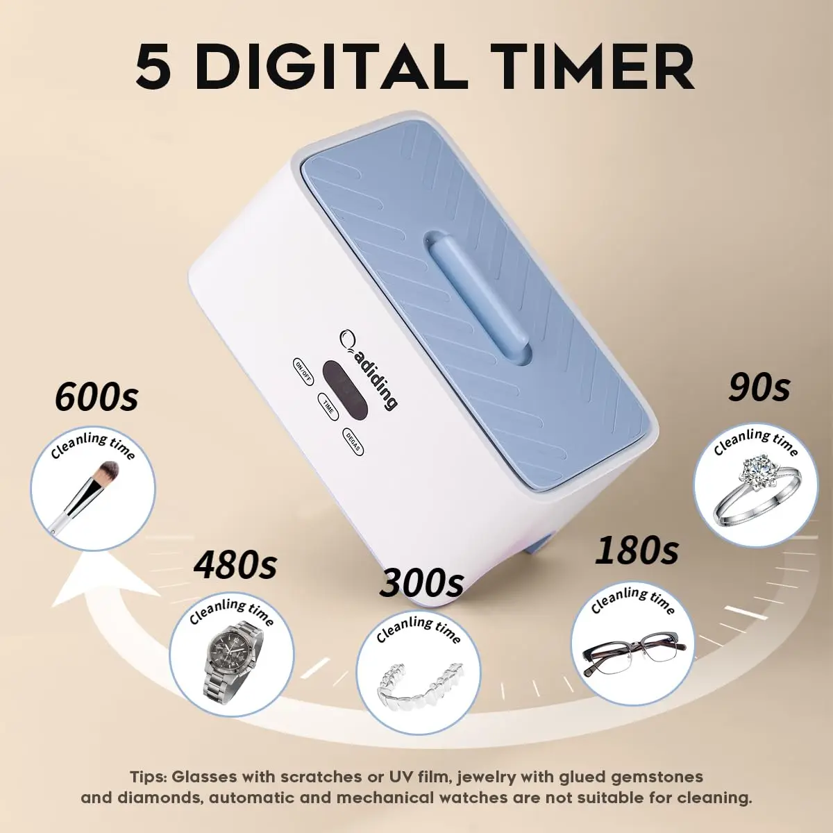 Sonic Jewelry Cleaner 1000mL with 5 Modes & Degassing for Rings, Earrings, Glasses, Coins - Blue