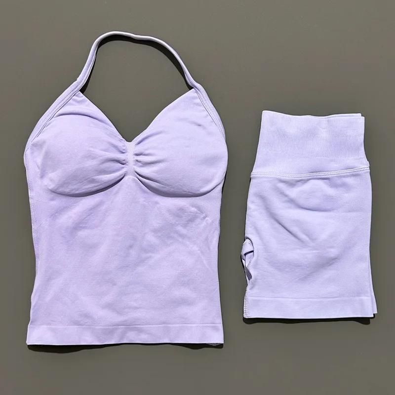 HITELLO Gym-Shorts-Set für Damen, nahtlos, Yoga, Longline-Top mit Trägern, Scrunch-Butt-Workout-Shorts-Set, Fitness, zweiteiliger Sportanzug – Detail 18