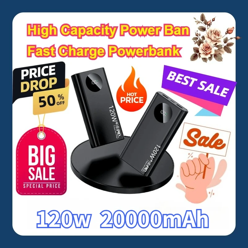 For iPhone Samsung Huawei 120W 20000mAh High Capacity Power Bank Fast Charge Powerbank Portable Thin Battery Charger