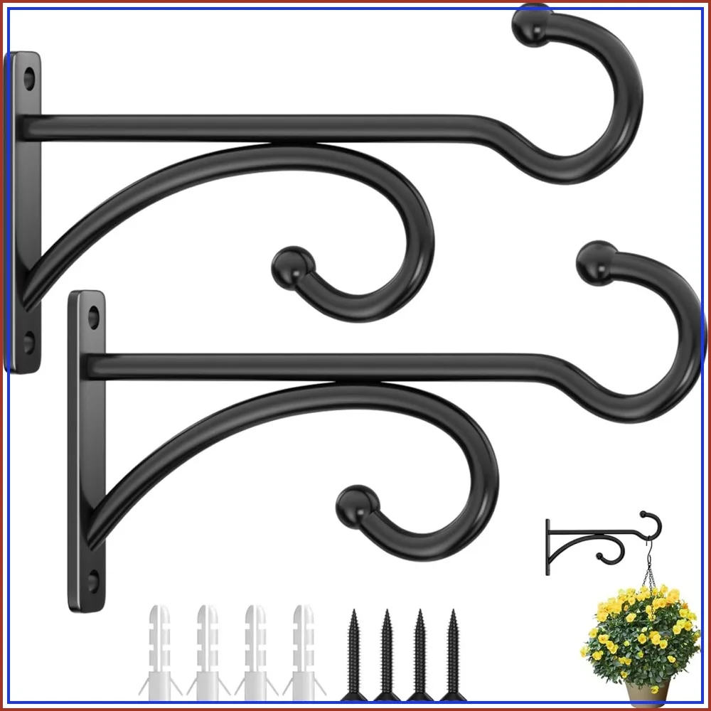 6" Heavy Duty Plant Hanger Hooks, Wall Mounts for Hanging Plants, Baskets, Wind Chimes, Bird Feeders, Lanterns, Bird Houses (Black, 2-Pack)