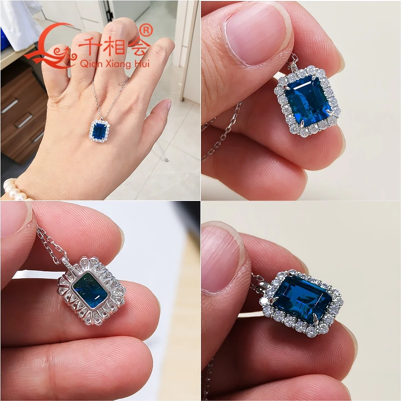 S925 الفضة الزمرد 3ct 7x9 مللي متر الأزرق الملكي/عبادة الذرة الأزرق مختبر الياقوت مع تشملات مويسانيتي حجر دلاية مجوهرات قلادة