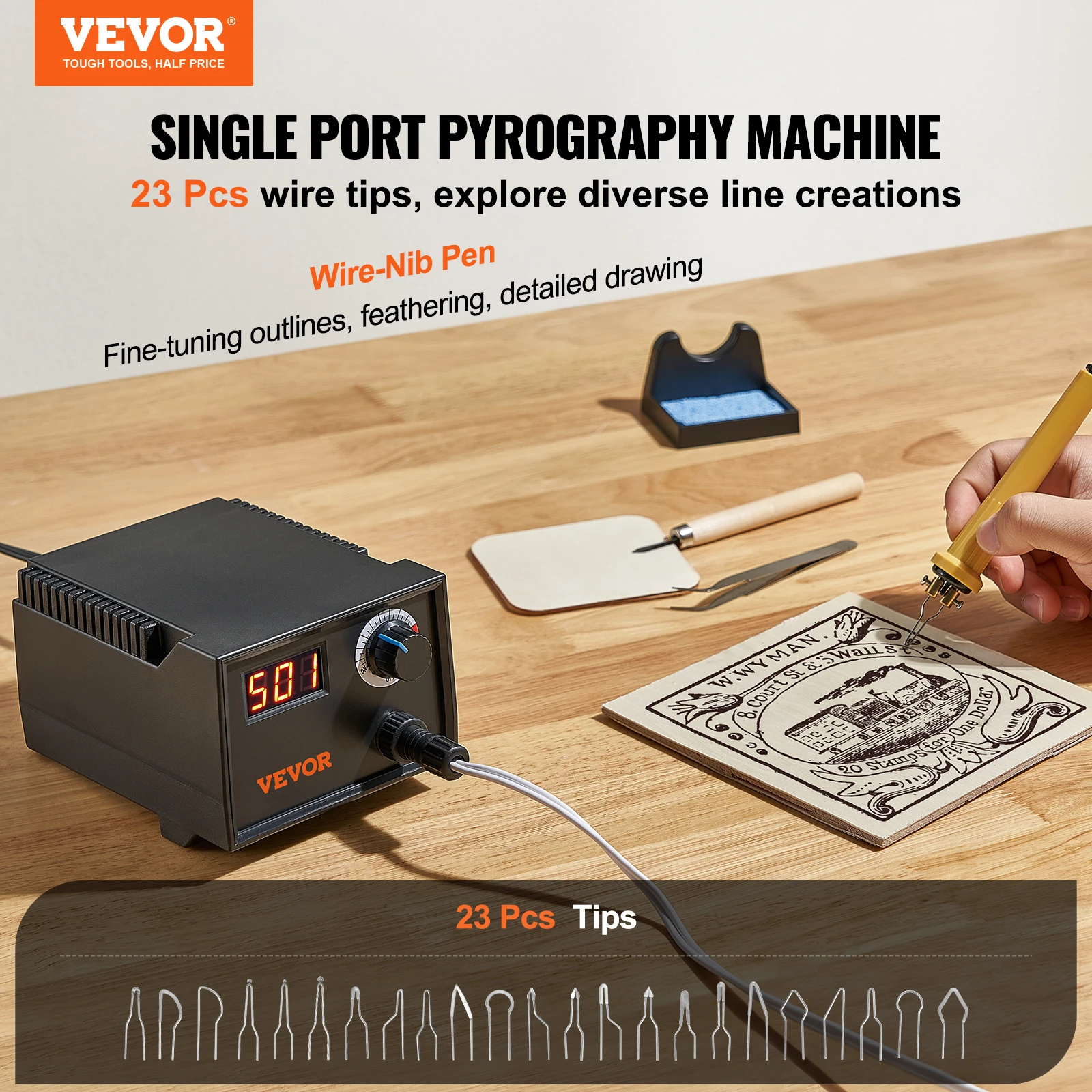 VEVOR Wood Burning Kit 200-700°C Adjustable Temperature with Display Wood Burner with 1 Pyrography Pen 1 Pen Holder 23 Wire Nibs