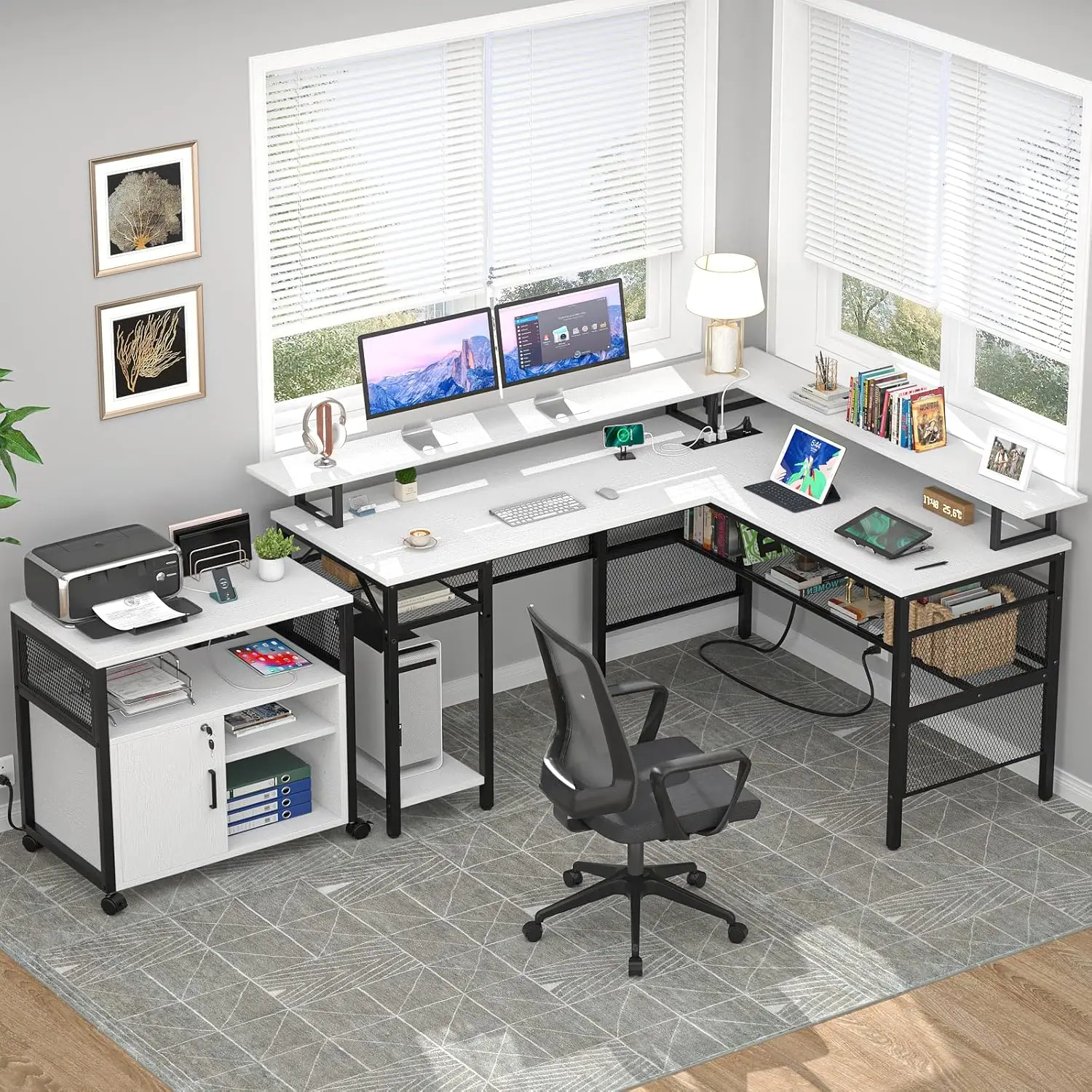 

Reversible L Shaped Desk, Cool 55 Inch Corner Computer Desk with Smart Strip Light and Magic Power Outlet, Elegant Grid Design