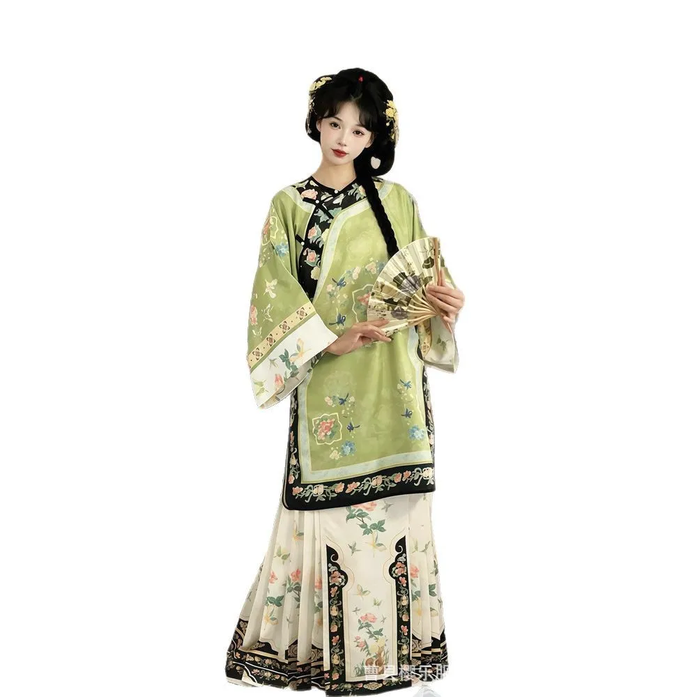 فستان نسائي من Qing and Han برقبة دائرية قطري ملابس عرقية عتيقة بطباعة ثقيلة تنورة وجه الحصان لربيع الخريف