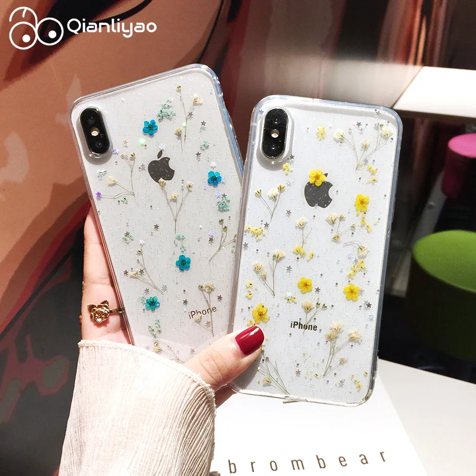 Qianliyao Real Dry Flower Glitter Clear Phone Case For iPhone 16 15 14 13 12 11 Pro Max 7 8 Plus X XR XS Max Soft SE 2 Cover