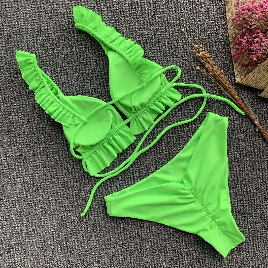 2026 Rüschen-Bikini Damen-Badeanzug Zweiteiliger Bikini-Set mit mittelhohem Bund Badebekleidung für Damen V2358 – Detail 19
