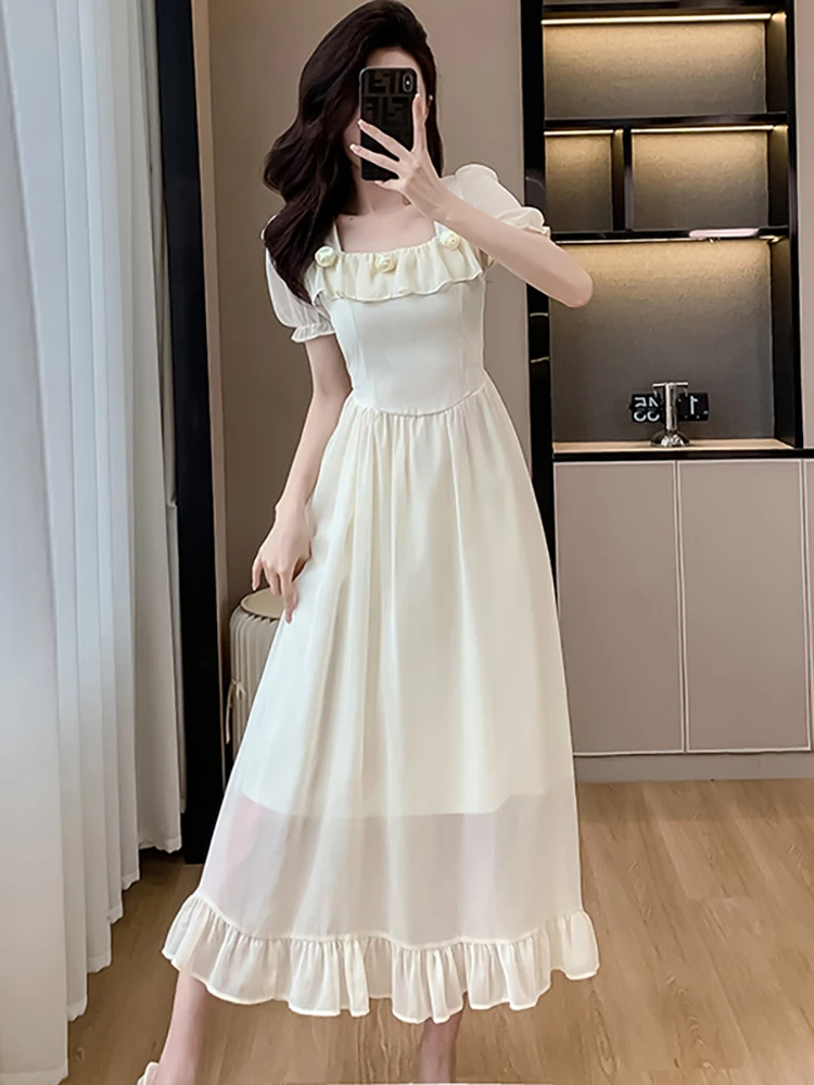Mulheres coreano vintage luxo vestido de noite verão branco chiffon gola quadrada puff manga vestido 2025 babados bodycon vestidos